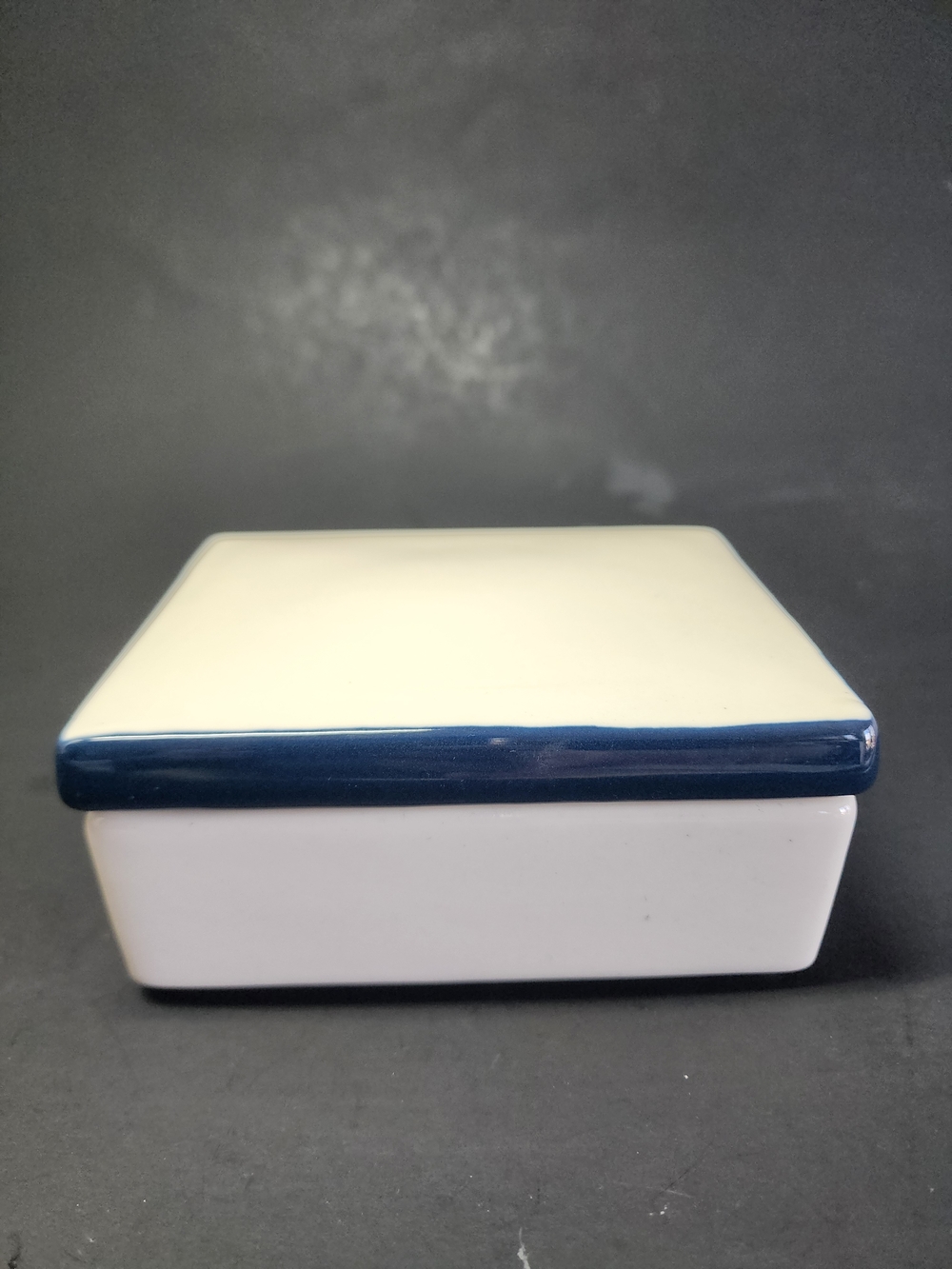 J. Crew White Ceramic Jewelry Box with Navy Trim, 4" x 4.75" x 2"